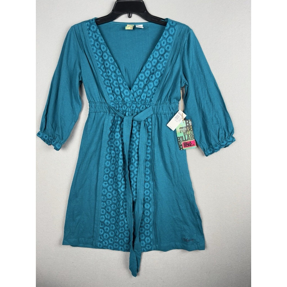 Vintage Billabong Babydoll Mini Dress Women's M Teal Long Sleeve Lace 3816